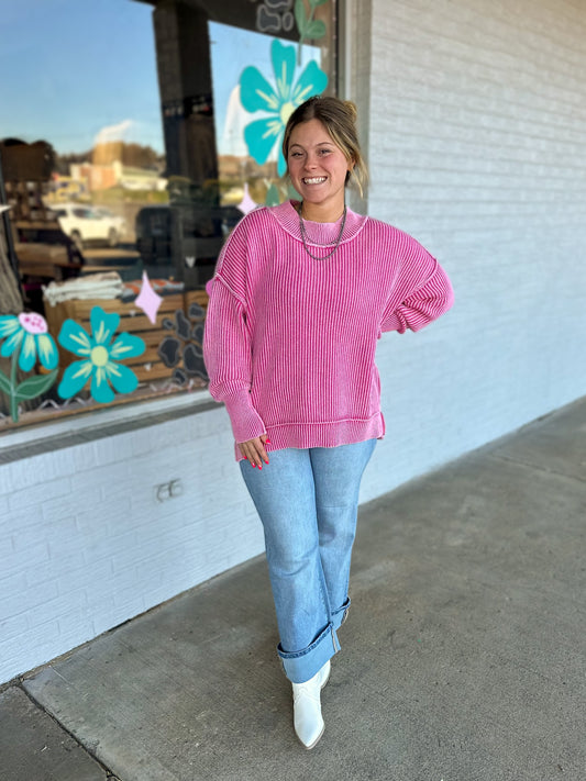 Washed Oversized Sweater in Fuchsia