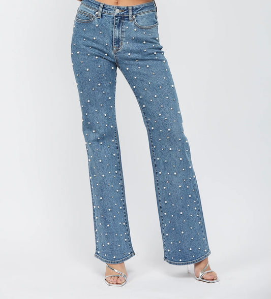 High Rise Wide Leg with Pearl Embellishment Jeans