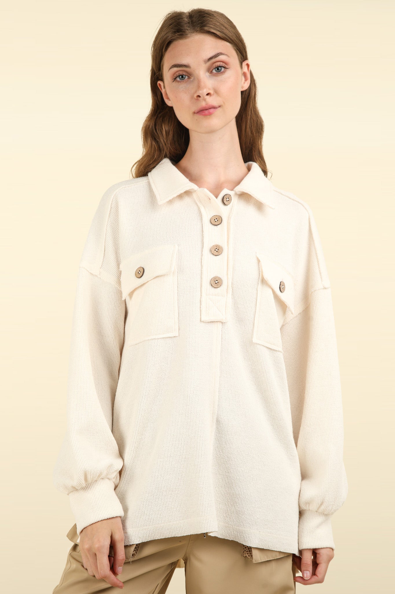 Henley Collared Button Down Knit Top in Cream