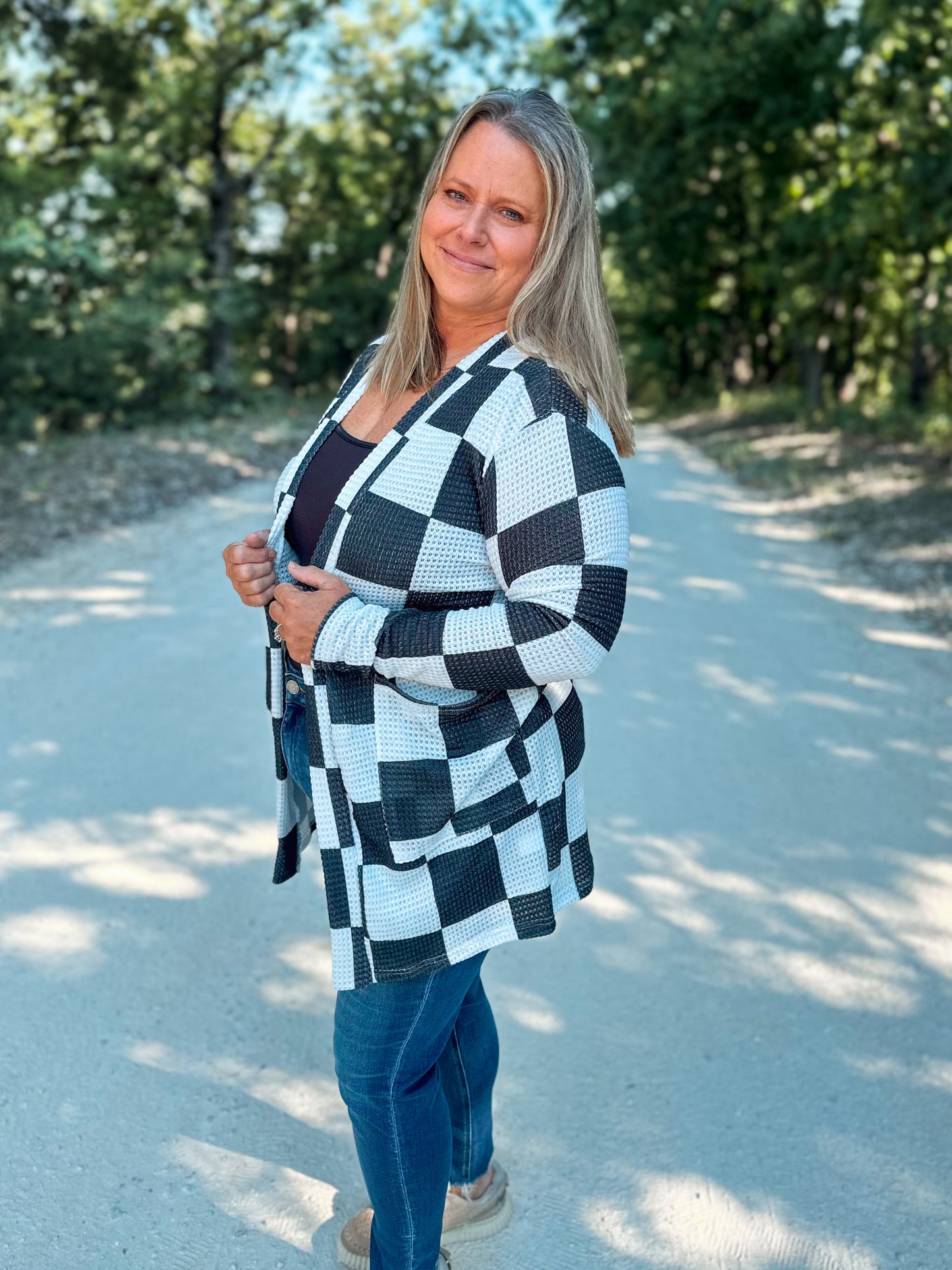 Lola Checkered Print Cardigan in Black