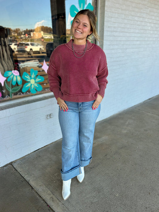 Cabernet Washed Oversized Cropped Sweater