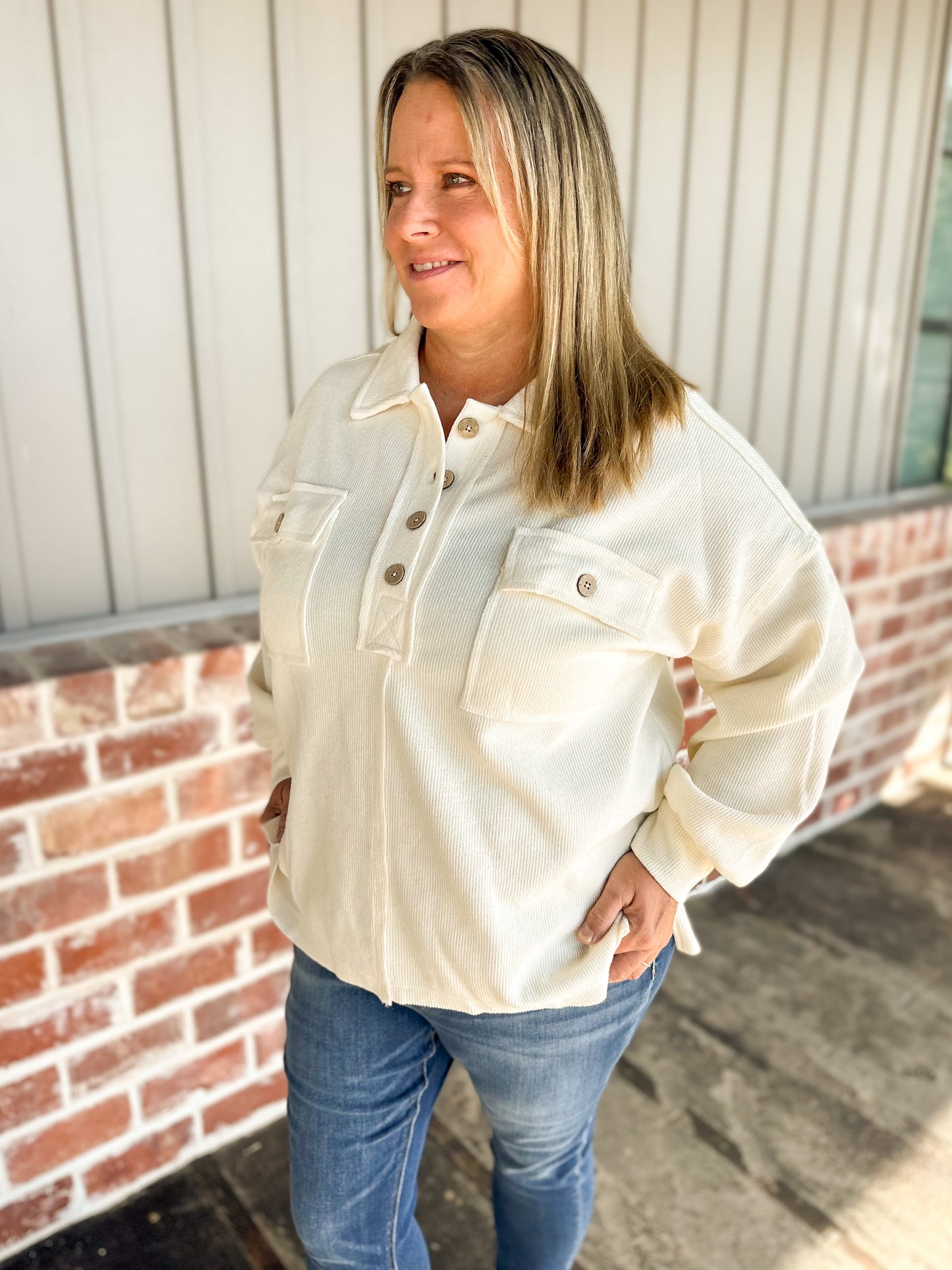 Henley Collared Button Down Knit Top in Cream