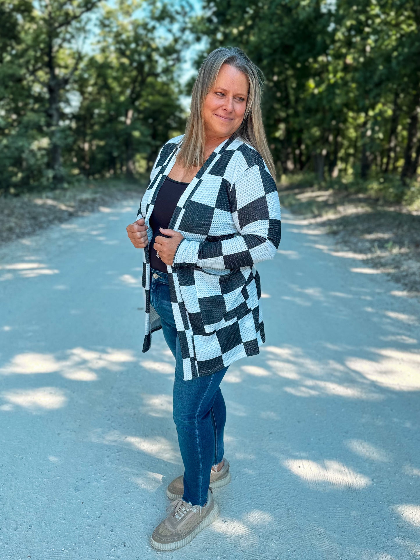 Lola Checkered Print Cardigan in Black