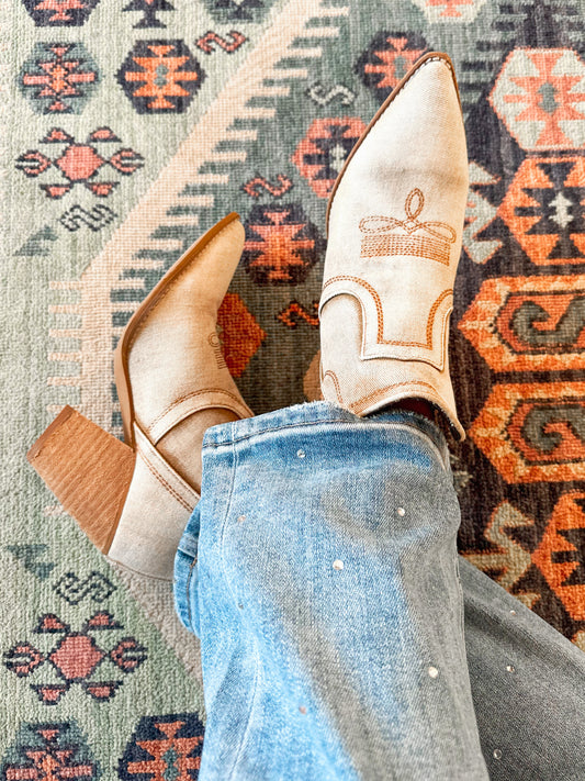 Corky's Smoke Show Washed Beige Denim Booties