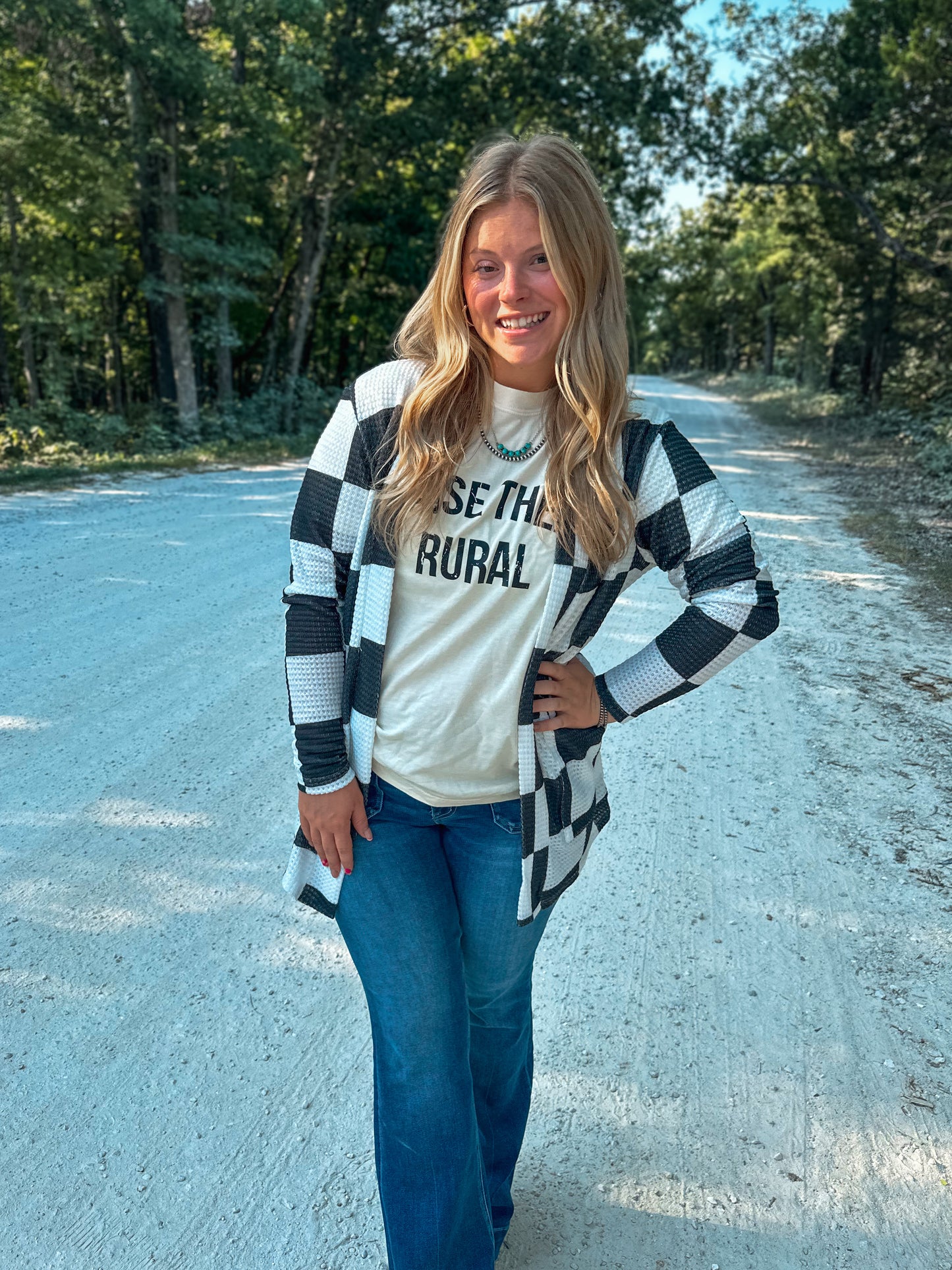 Lola Checkered Print Cardigan in Black