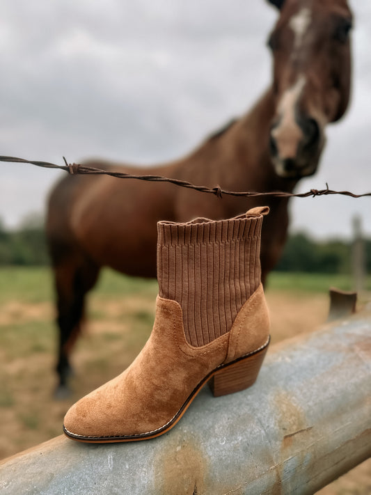 Crackling Camel Suede Bootie