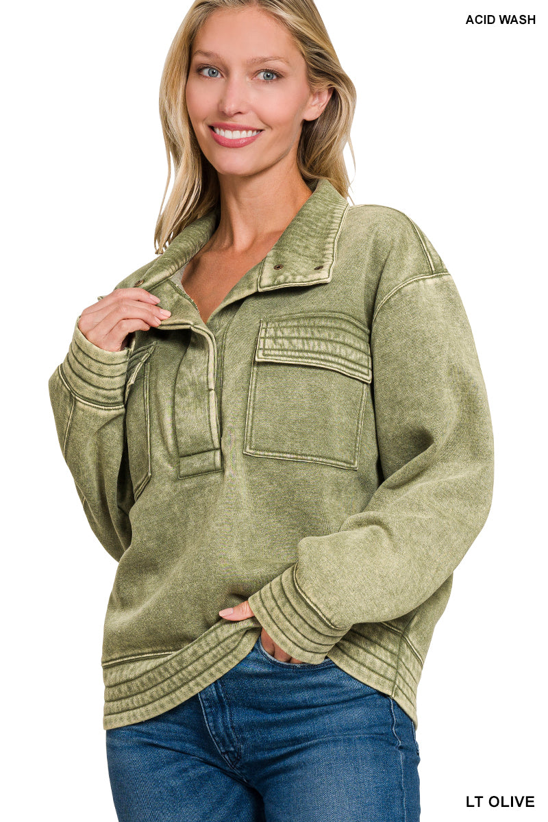 Washed Snap Button Fleece Sweatshirts in Olive