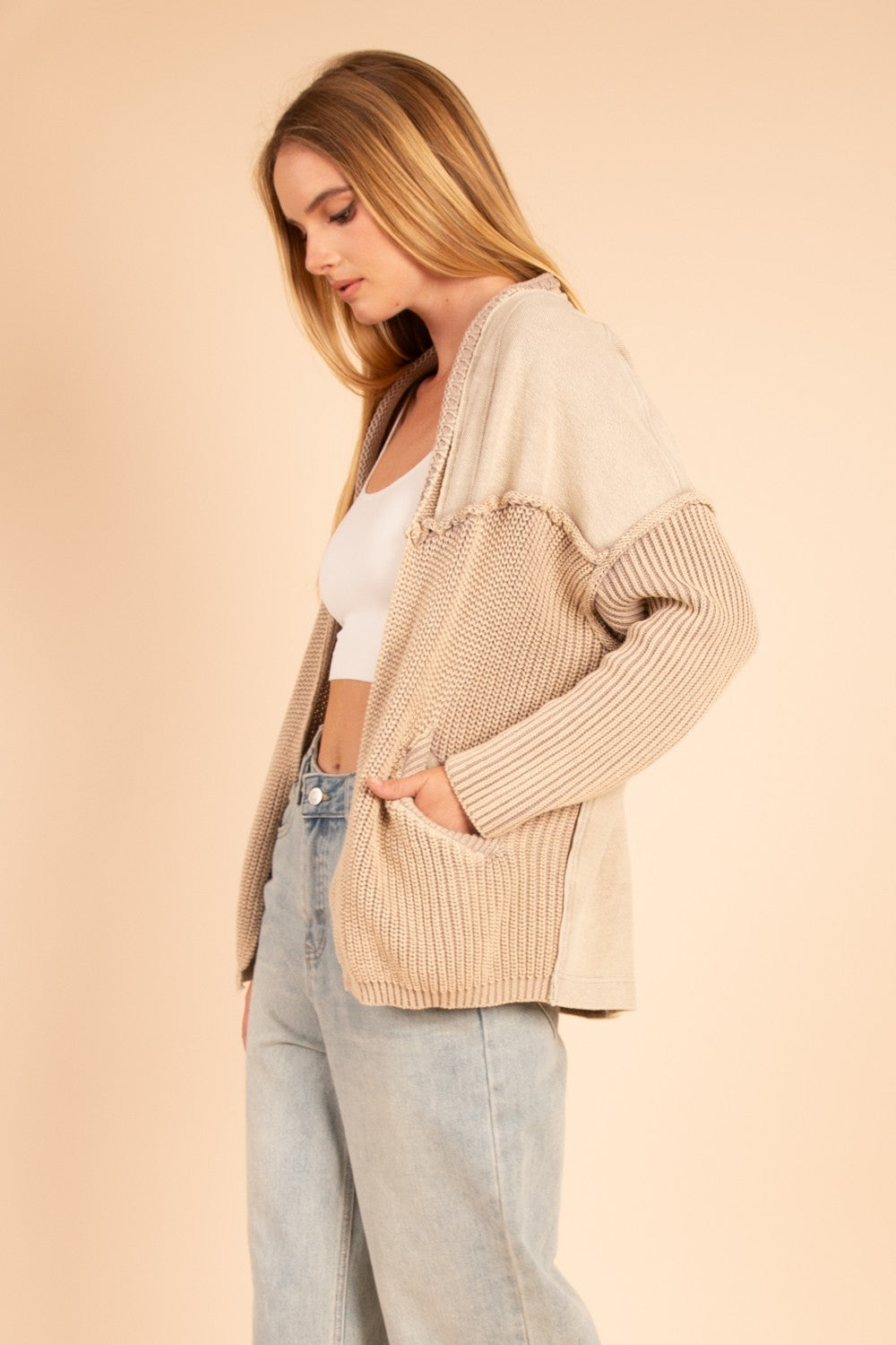 Washed French Terry Cardigan in Stone